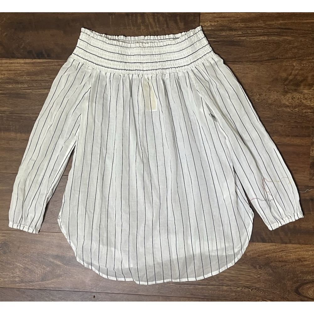 Michael Kors Top Womens L White Black Stripe Boho Sheer Smocked Off Shoulder NEW